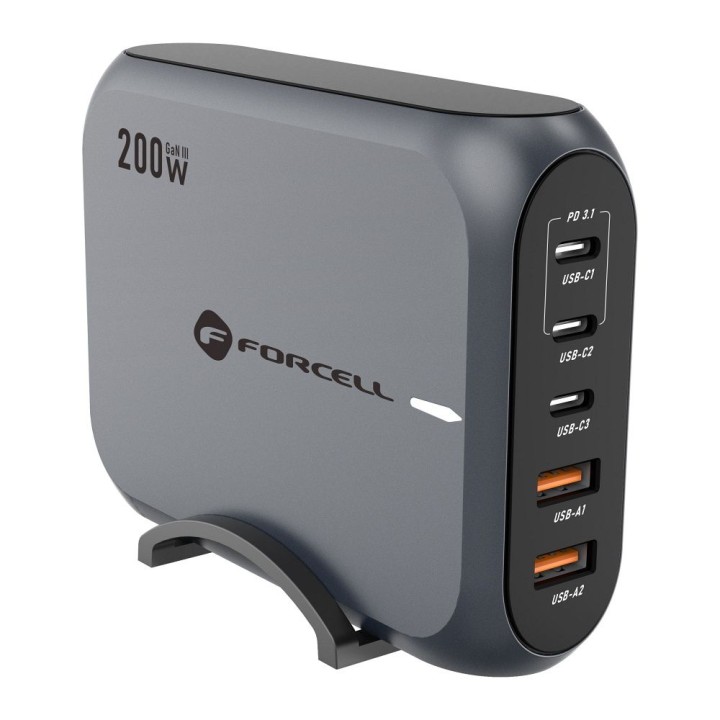 Desktop charger Forcell F-Energy GaN III 3 x USB C + 2 x USB A QC4.0 PD 5A 200W VT-51 grey