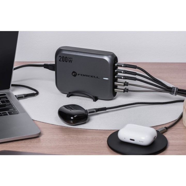 Desktop charger Forcell F-Energy GaN III 3 x USB C + 2 x USB A QC4.0 PD 5A 200W VT-51 grey