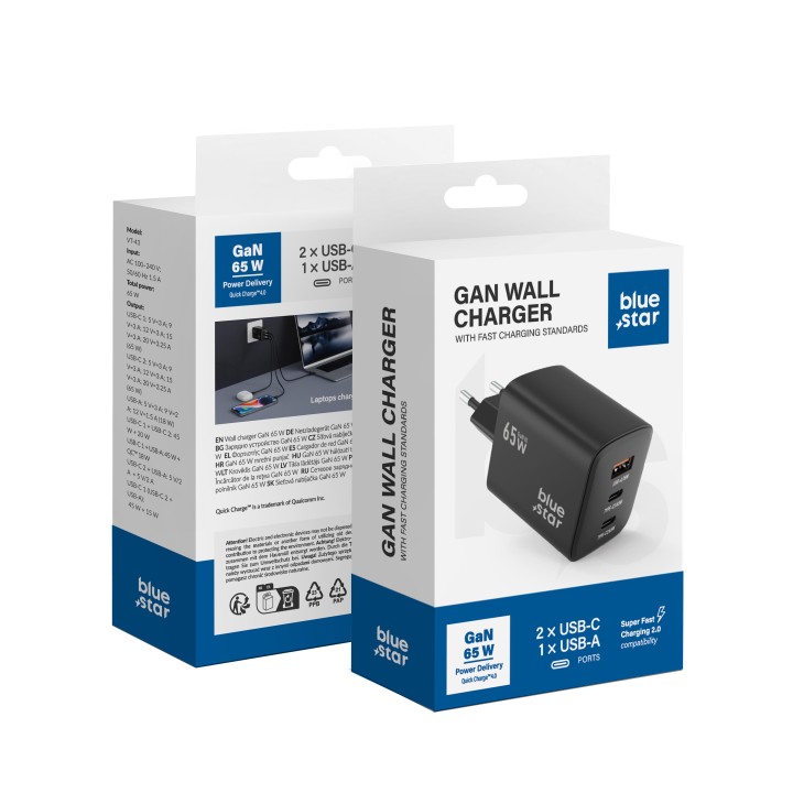 Wall charger for phone Blue Star GaN 2 x USB C + USB A QC4.0 PD 4A 65W VT-43 black