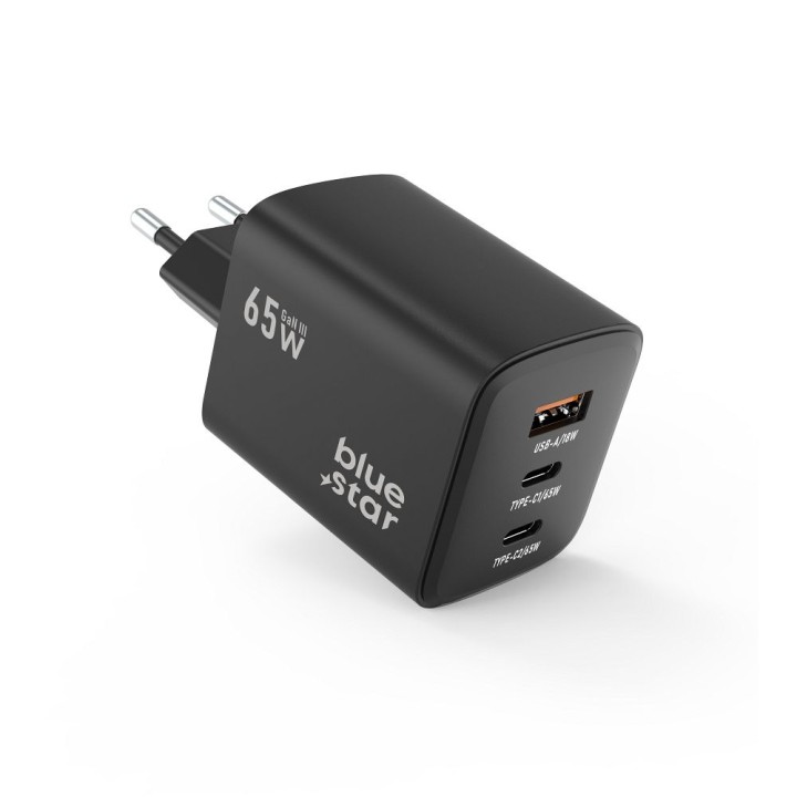 Wall charger for phone Blue Star GaN 2 x USB C + USB A QC4.0 PD 4A 65W VT-43 black