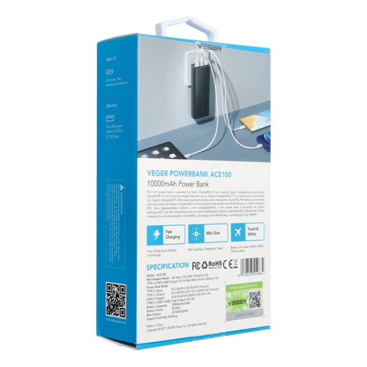 Повербанк Veger ACE100 (W1146) PD QC3.0 20W 10000 mAh черный 0INT