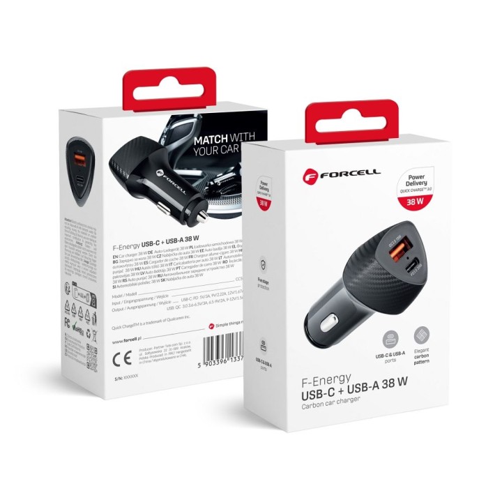 Автомобильное зарядное устройство Forcell F-Energy Carbon USB C + USB A QC3.0 PD 3A 38W CC50-1A1C черное