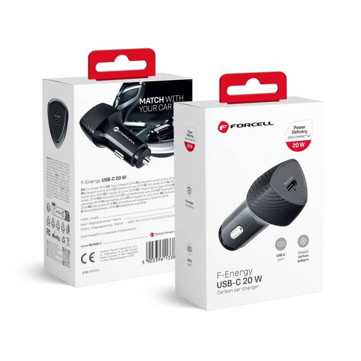 Автомобільний зарядний пристрій Forcell F-Energy Carbon USB C QC3.0 PD 3A 20W CC50-1C чорний