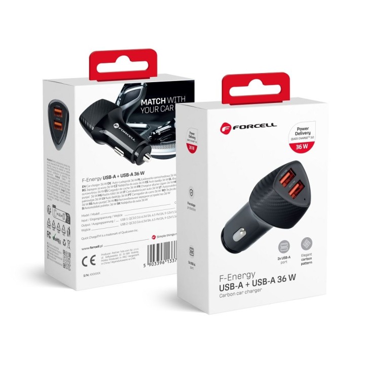 Автомобильное зарядное устройство Forcell F-Energy Carbon 2 x USB A QC3.0 3A 36W CC50-2A черное