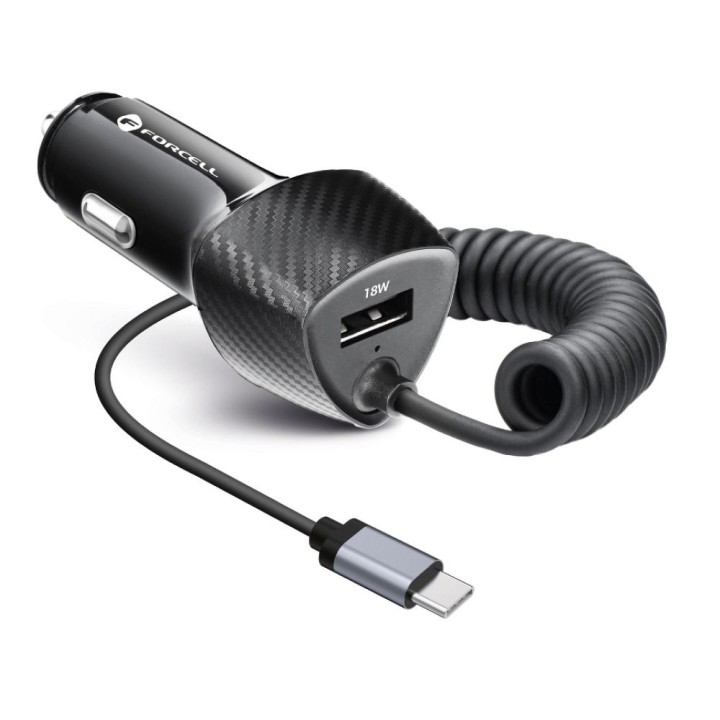 Car charger Forcell F-Energy Carbon USB A QC3.0 PD 3A 38W with cable USB C CC50-1AC black