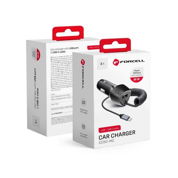 Автомобильное зарядное устройство Forcell F-Energy Carbon USB A QC3.0 PD 3A 38W с кабелем USB C CC50-1AC черное