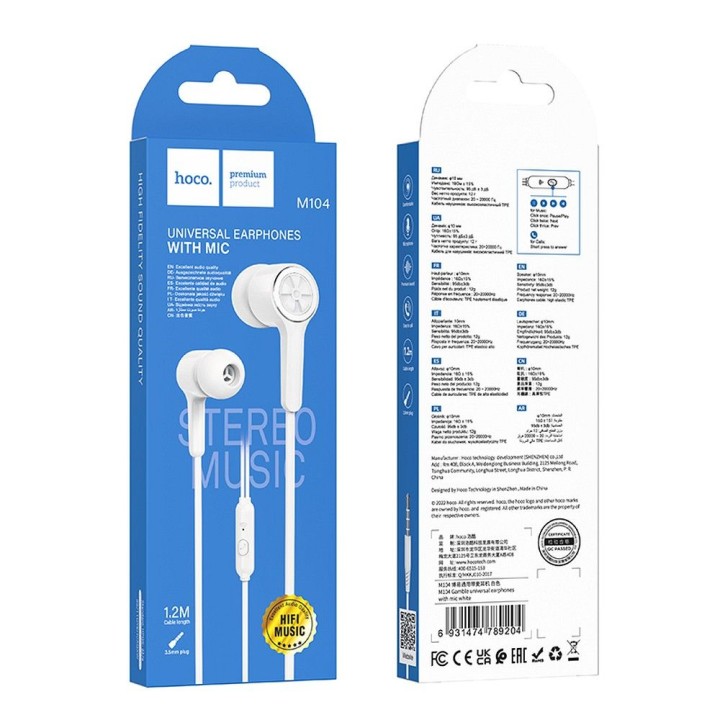 Wired in-ear headphones Jack 3,5 mm Hoco M104 white