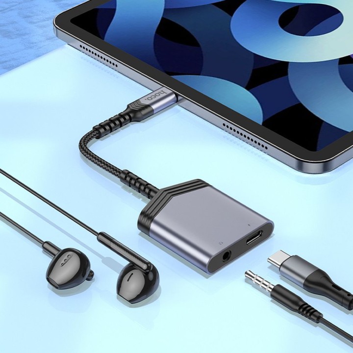 Adapter AUX 2w1 USB C do USB C / Jack 3,5 mm Hoco 27W LS39 szary