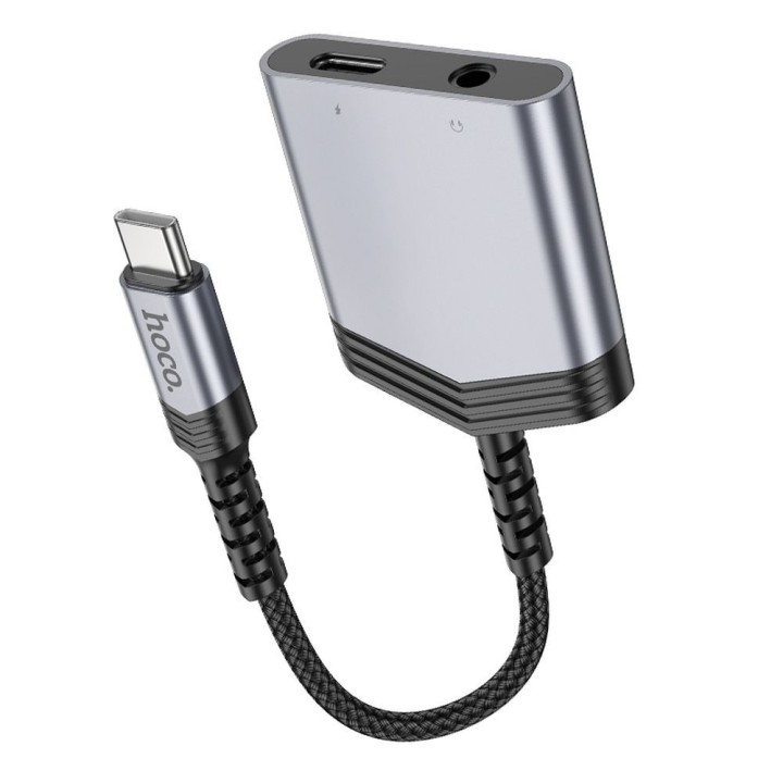 AUX adapter 2-in-1 USB C to USB C / Jack 3,5 mm Hoco 27W LS39 grey