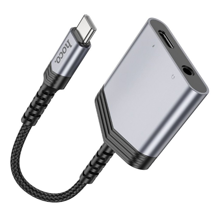 Адаптер AUX 2 в 1 USB C на USB C / Jack 3,5 mm Hoco 27W LS39 серый