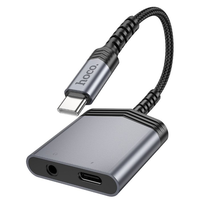 Адаптер AUX 2 в 1 USB C на USB C / Jack 3,5 mm Hoco 27W LS39 сірий