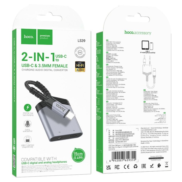 Adapter AUX 2w1 USB C do USB C / Jack 3,5 mm Hoco 27W LS39 szary