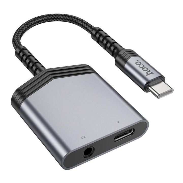 Адаптер AUX 2 в 1 USB C на USB C / Jack 3,5 mm Hoco 27W LS39 серый