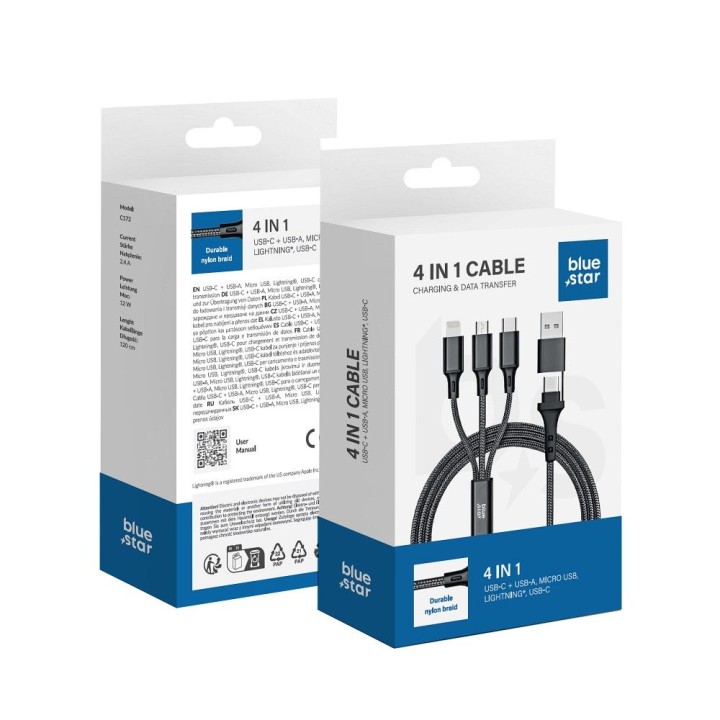 Cable 4w1 USB C / USB A for Micro USB / Lightning / USB C Blue Star 2,4A 12W Cafule 1,2 m C172 black