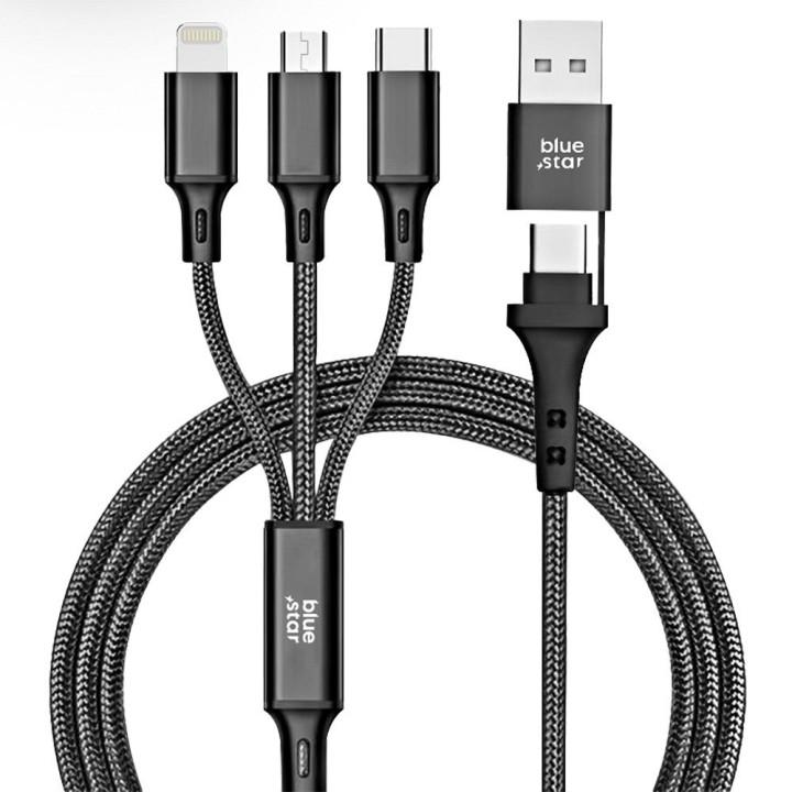 Cable 4w1 USB C / USB A for Micro USB / Lightning / USB C Blue Star 2,4A 12W Cafule 1,2 m C172 black