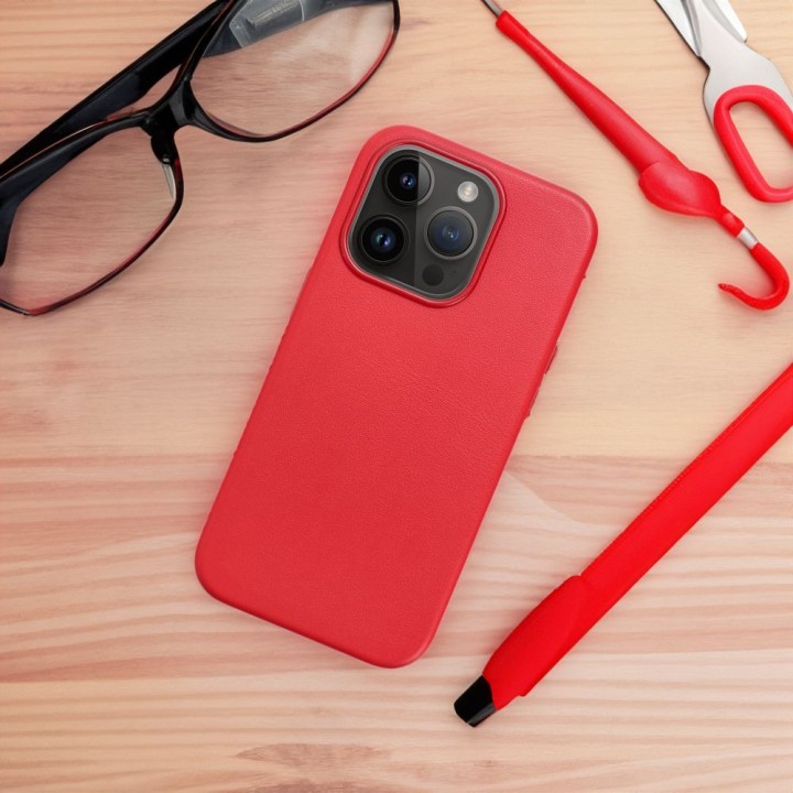 Case for iPhone 16 PLUS Leather Mag Cover compatible with MagSafe red