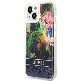 GUESS чехол для IPHONE 13 / 14 / 15 GUHCP14SLFLSB (Flower Liquid Glitter) синий