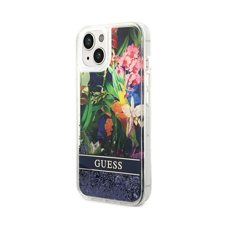 GUESS case for IPHONE 13 / 14 / 15 GUHCP14SLFLSB (Flower Liquid Glitter) blue