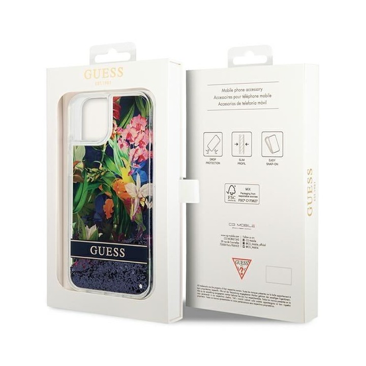 GUESS case for IPHONE 13 / 14 / 15 GUHCP14SLFLSB (Flower Liquid Glitter) blue