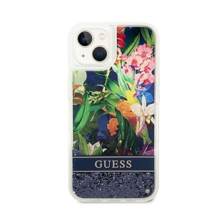 GUESS чохол для IPHONE 13 / 14 / 15 GUHCP14SLFLSB (Flower Liquid Glitter) синій