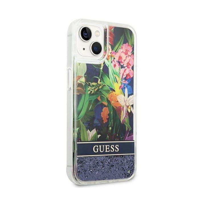 GUESS чехол для IPHONE 13 / 14 / 15 GUHCP14SLFLSB (Flower Liquid Glitter) синий