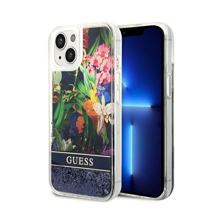 GUESS case for IPHONE 13 / 14 / 15 GUHCP14SLFLSB (Flower Liquid Glitter) blue