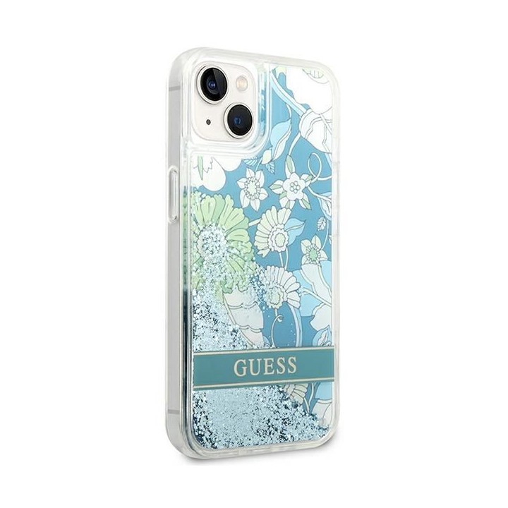 GUESS чехол для IPHONE 13 / 14 / 15 GUHCP14SLFLSN (Flower Liquid Glitter) зеленый