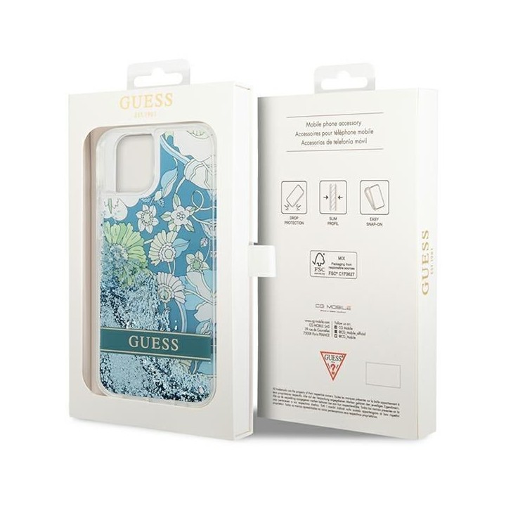 GUESS case for IPHONE 13 / 14 / 15 GUHCP14SLFLSN (Flower Liquid Glitter) green