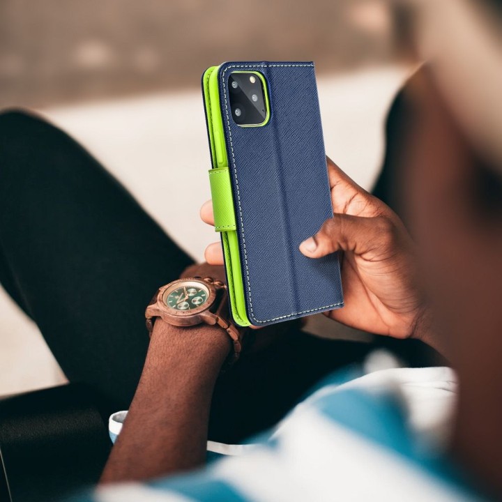 Flip case for iPhone 16 PLUS Fancy Book navy blue-lime