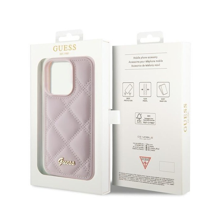 GUESS case for IPHONE 15 Pro GUHCP15LPSQSQSP (Quilted Metal Logo) pink