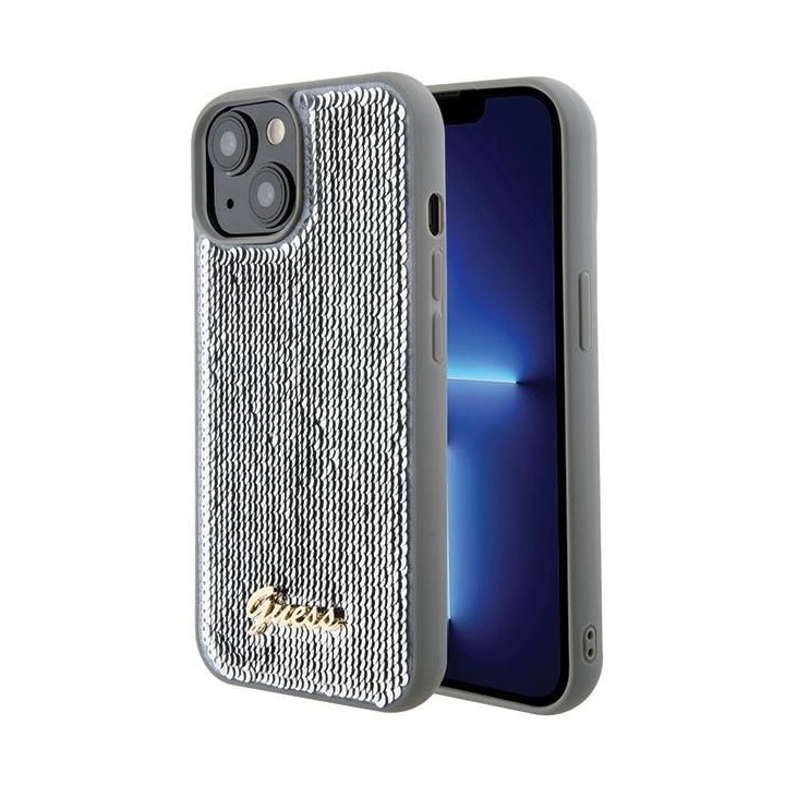 GUESS case for IPHONE 13 / 14 / 15 GUHCP15SPSFDGSS (Sequin Script Metal) silver