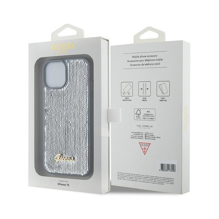 GUESS case for IPHONE 13 / 14 / 15 GUHCP15SPSFDGSS (Sequin Script Metal) silver