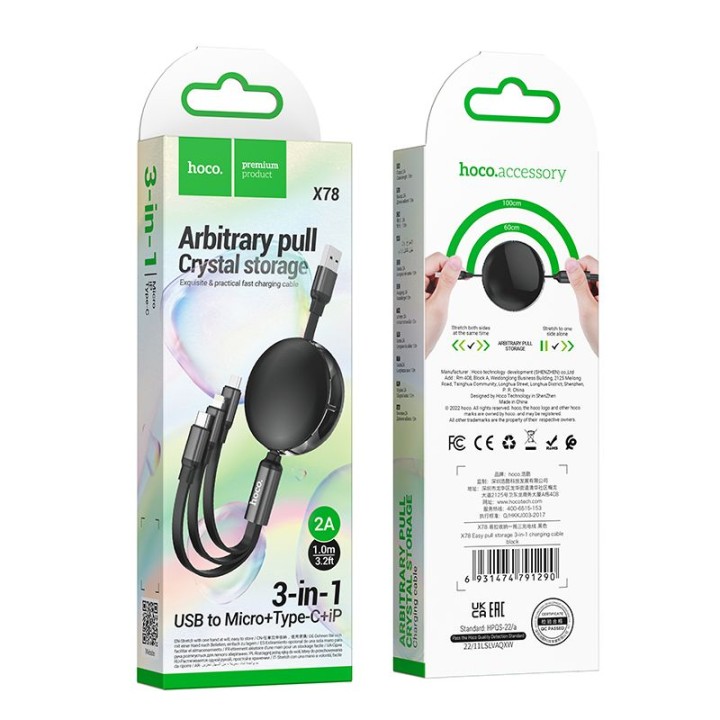 Cable 3-in-1 USB A to Lightnig / Micro USB / USB C Hoco 2A 1 m X78 black
