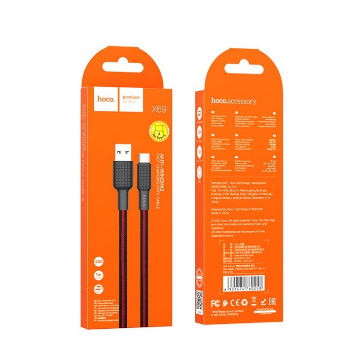 HOCO кабель USB — тип C 3A Jaeger X69 черно-красный