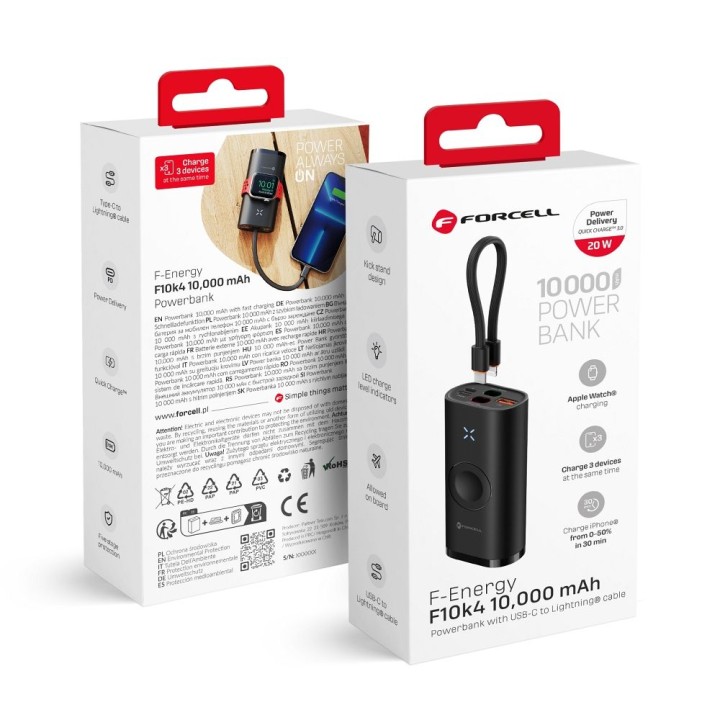 Повербанк Forcell F-Energy F10K4 PD QC3.0 3A 22,5W 10000 mAh, сумісний із Apple Watch, чорний