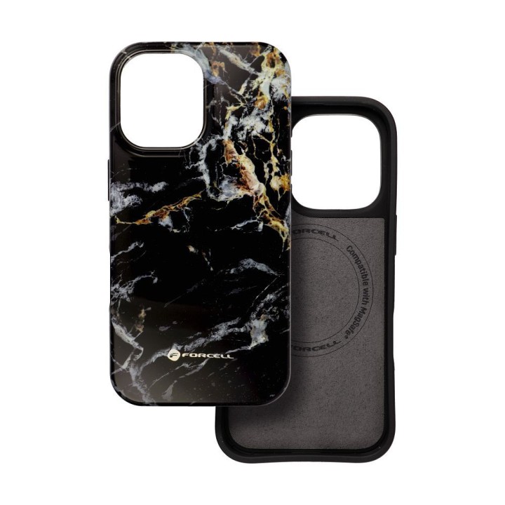 Case for iPhone 16 Forcell F-Protect Mirage compatible with MagSafe Military Drop-Test black marble