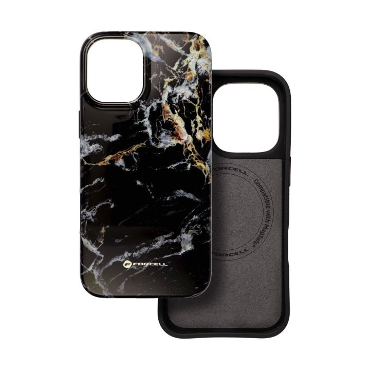 Case for iPhone 16 PLUS Forcell F-Protect Mirage compatible with MagSafe Military Drop-Test black marble