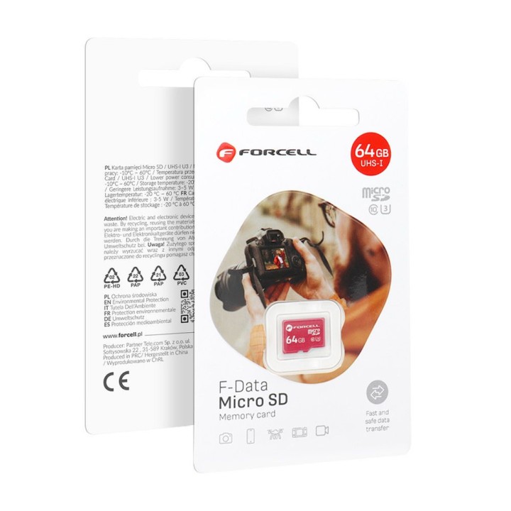 Карта microSD 64GB U3 class 10 Forcell F-Data червона