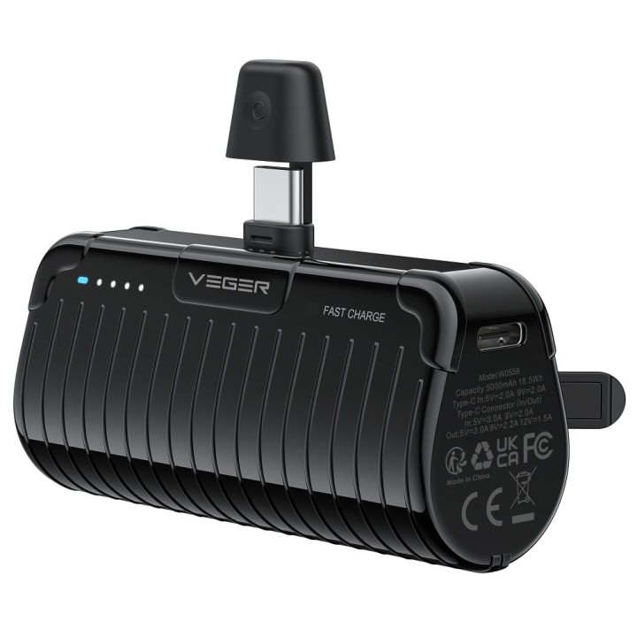 Powerbank Veger PlugOn (W0558) PD QC3.0 3A 20W 5000 mAh z wbudowanym złączem Typ C czarny 0INT