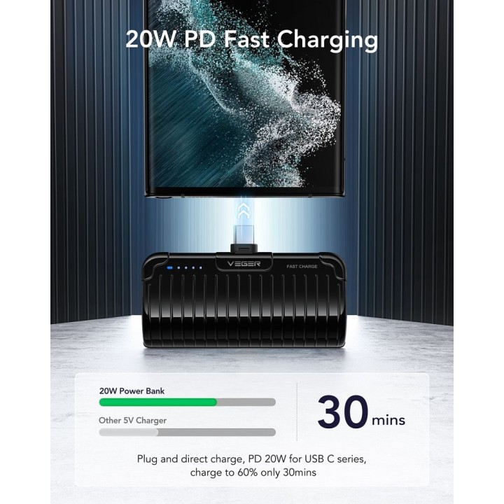 Powerbank Veger PlugOn (W0558) PD QC3.0 3A 20W 5000 mAh z wbudowanym złączem Typ C czarny 0INT