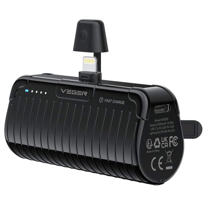 Повербанк Veger PlugOn (W0558P) PD QC3.0 2,4A 20W 5000 mAh з вбудованим роз'ємом Lightning чорний 0INT