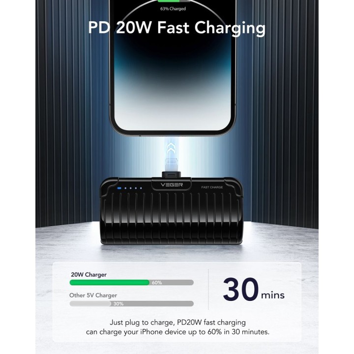 Повербанк Veger PlugOn (W0558P) PD QC3.0 2,4A 20W 5000 mAh із вбудованим роз’ємом Lightning чорний 0INT