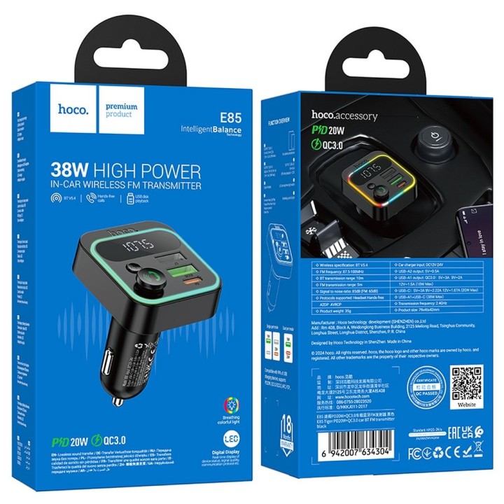 Transmitter car Bluetooth Hoco QC3.0 PD 20W E85 black