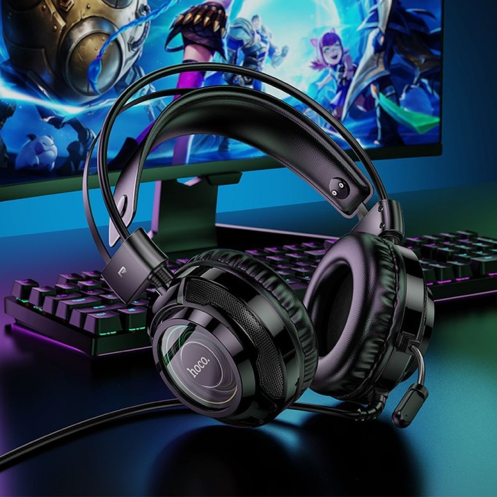 Wired on-ear headphones Hoco gaming USB A + Jack 3,5 mm gaming 2 m W110 black