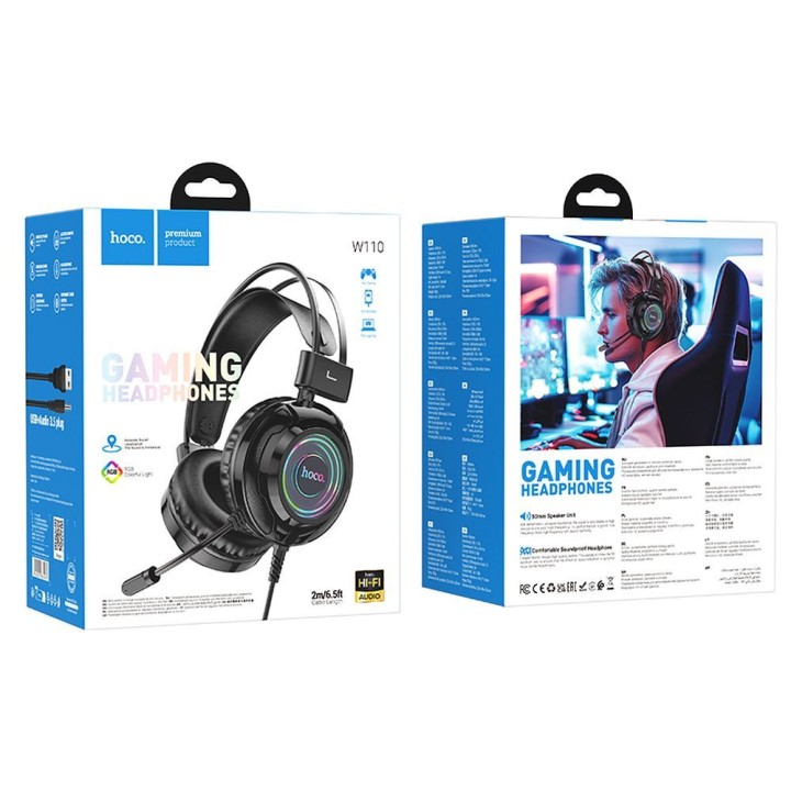 Słuchawki przewodowe nauszne Hoco gamingowe USB A + Jack 3,5 mm gamingowe 2 m W110 czarne