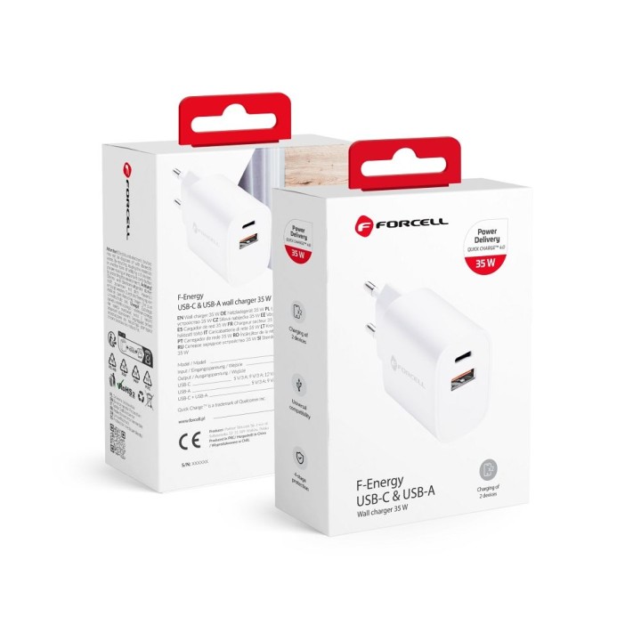 Сетевое зарядное устройство для телефона Forcell F-Energy USB C + USB A QC4.0 PD 3A 35W TFK-TC-35WPD белое