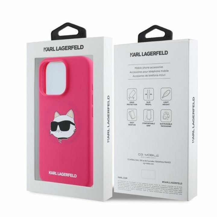 KARL LAGERFELD чехол для IPHONE 16 Pro Max, совместимый с MagSafe KLHMP16XSCHPPLF (Sil Choupette Head Print), цвета фуксии