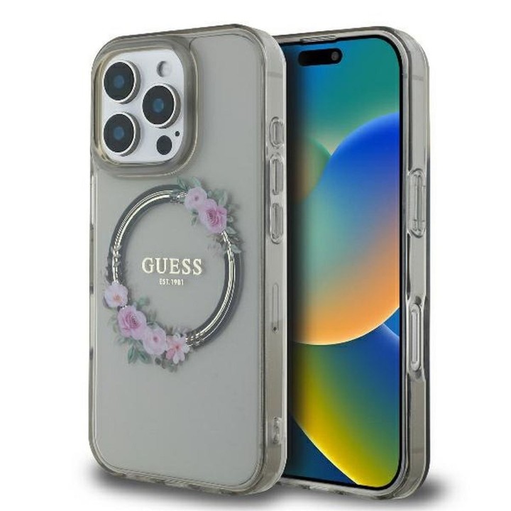 GUESS чехол для IPHONE 16 Pro совместимый с MagSafe GUHMP16LHFWFCK (IML Flowers Wreath) черный