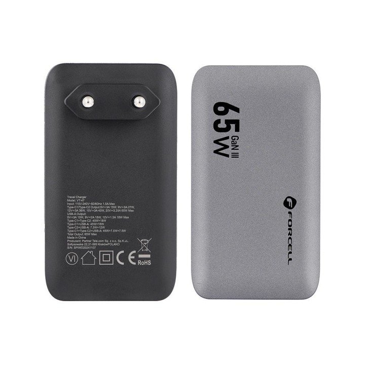 Wall charger for phone Forcell F-Energy Ultra Slim GaN III 2 x USB C + USB A QC4.0 PD 4A 65W VT-47 grey 0INT