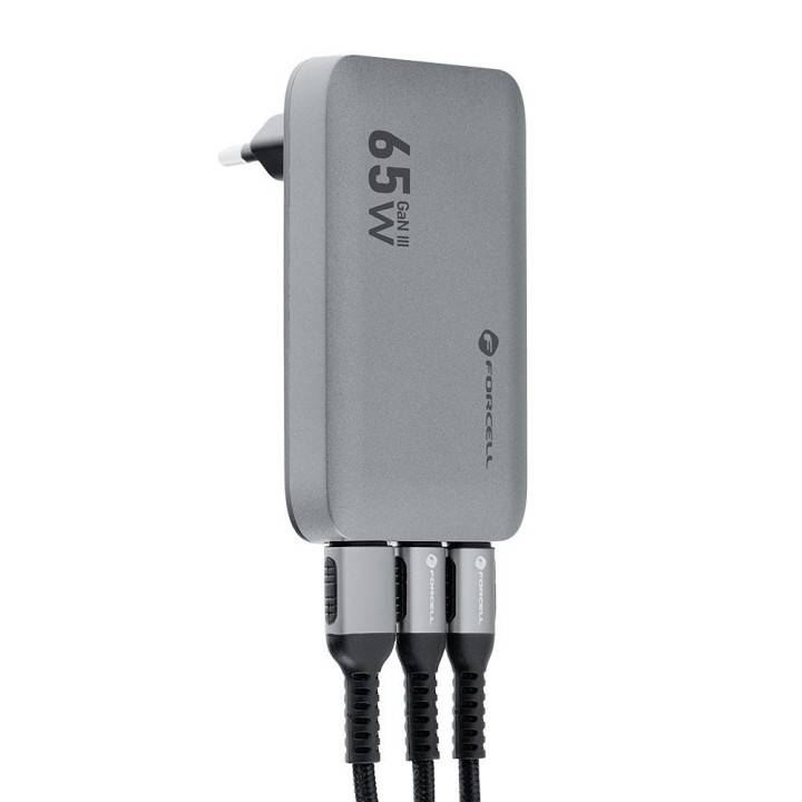 Сетевое зарядное устройство для телефона Forcell F-Energy Ultra Slim GaN III 2 x USB C + USB A QC4.0 PD 4A 65W VT-47 серое 0INT